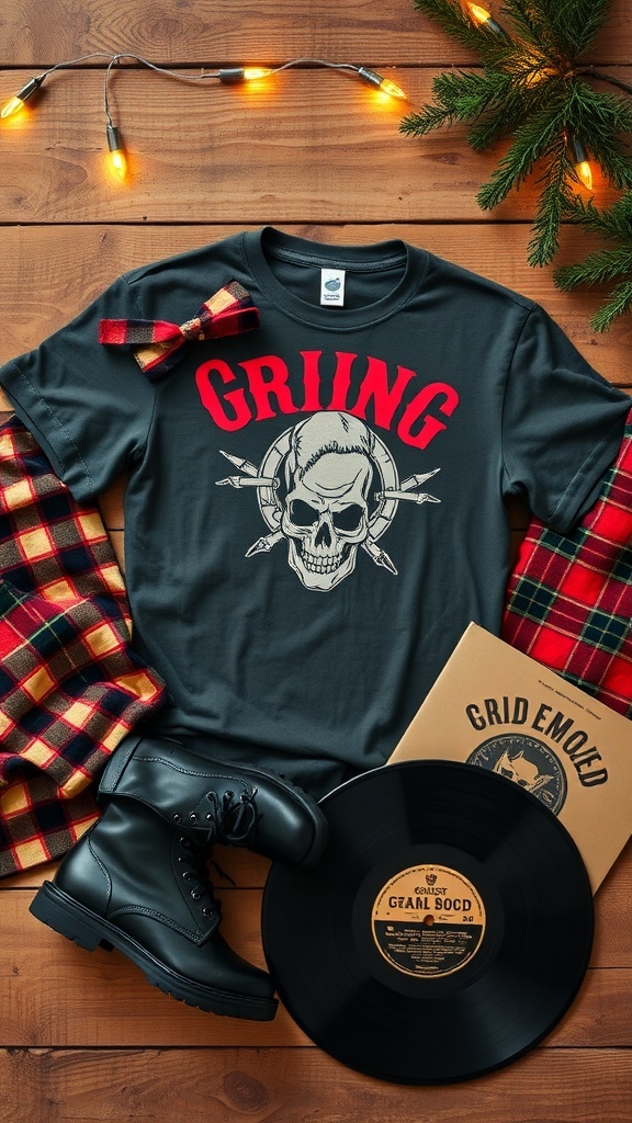 Flat lay of grunge-themed Christmas gifts including a band t-shirt, combat boots, and vinyl records on a rustic wooden table.